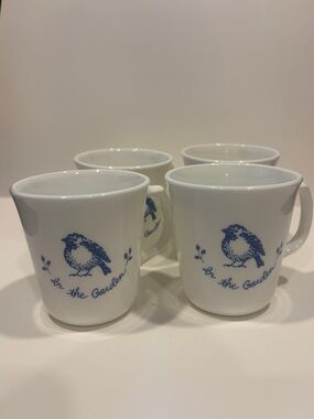VTG Corningware Corelle White Mugs with Blue Bird In the Garden set of 4